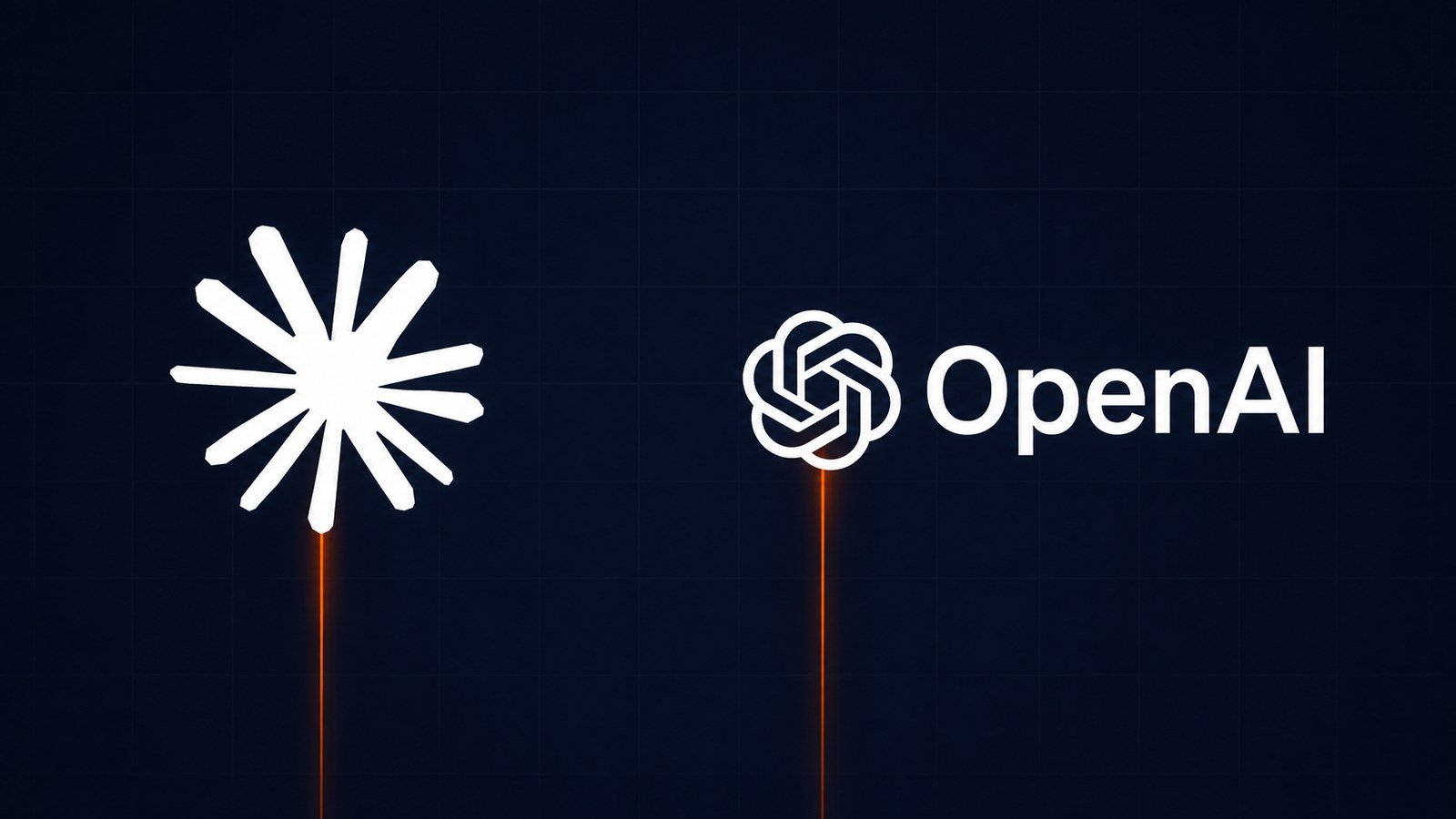Les logos d'Anthropic et d'OpenAI sur fond bleu nuit, chacun laissant échapper une traînée lumineuse orange vers le bas du cadre