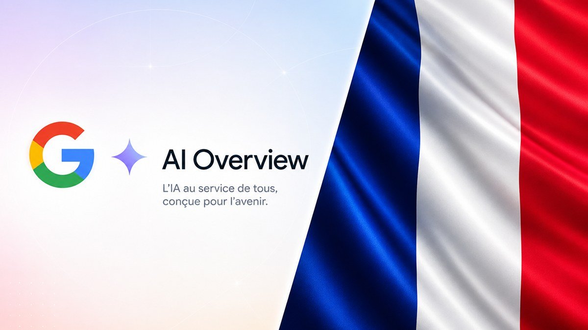 Logo Google et mention AI Overview devant un drapeau français