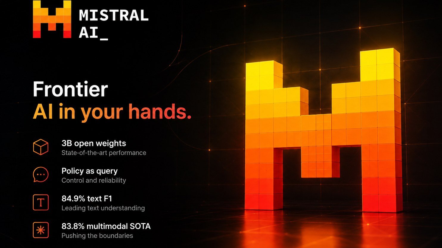 Visuel de présentation de Shieldstral par Mistral AI, logo orange sur fond noir