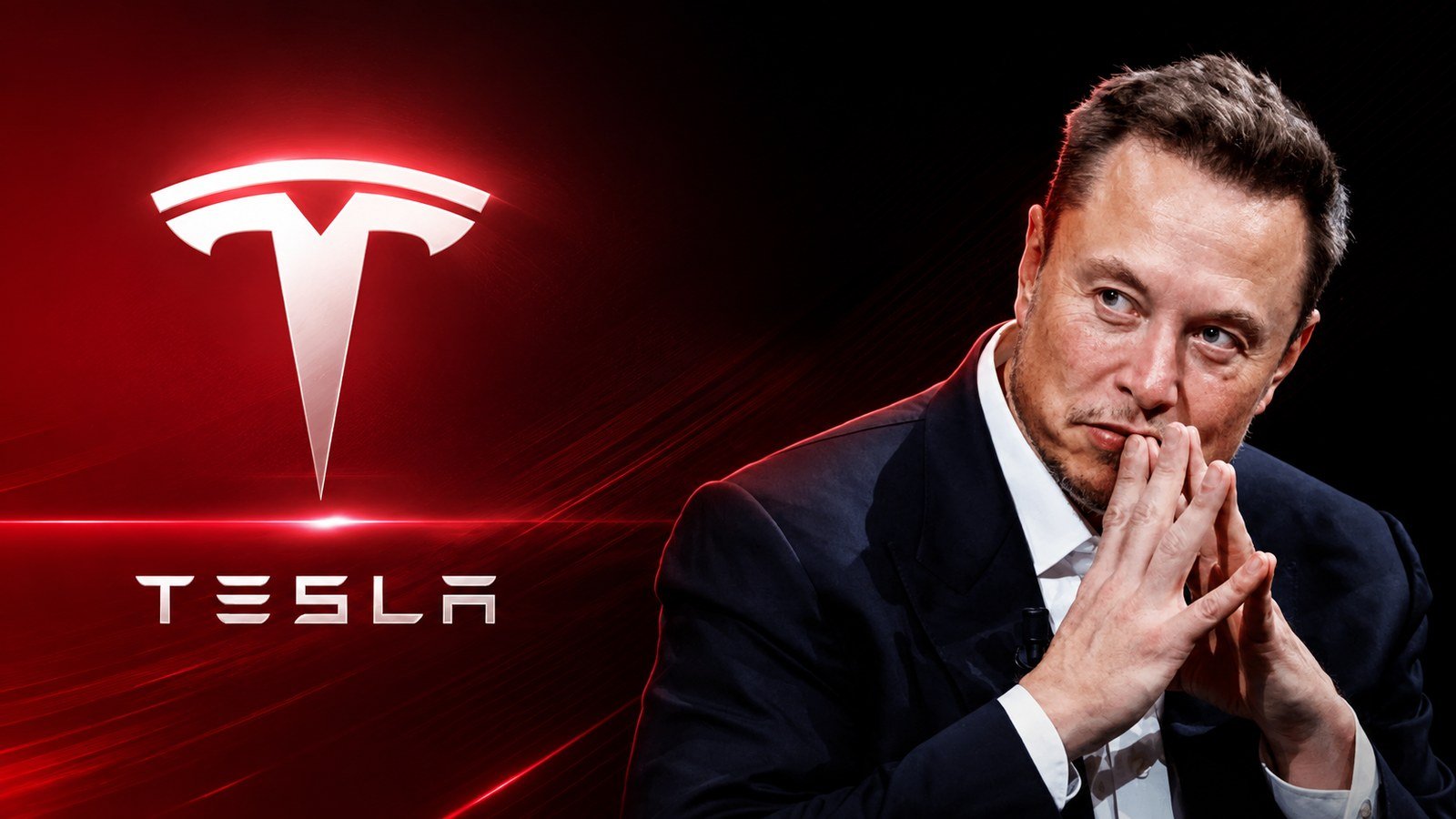 Elon Musk aux côtés du logo Tesla sur fond rouge et noir
