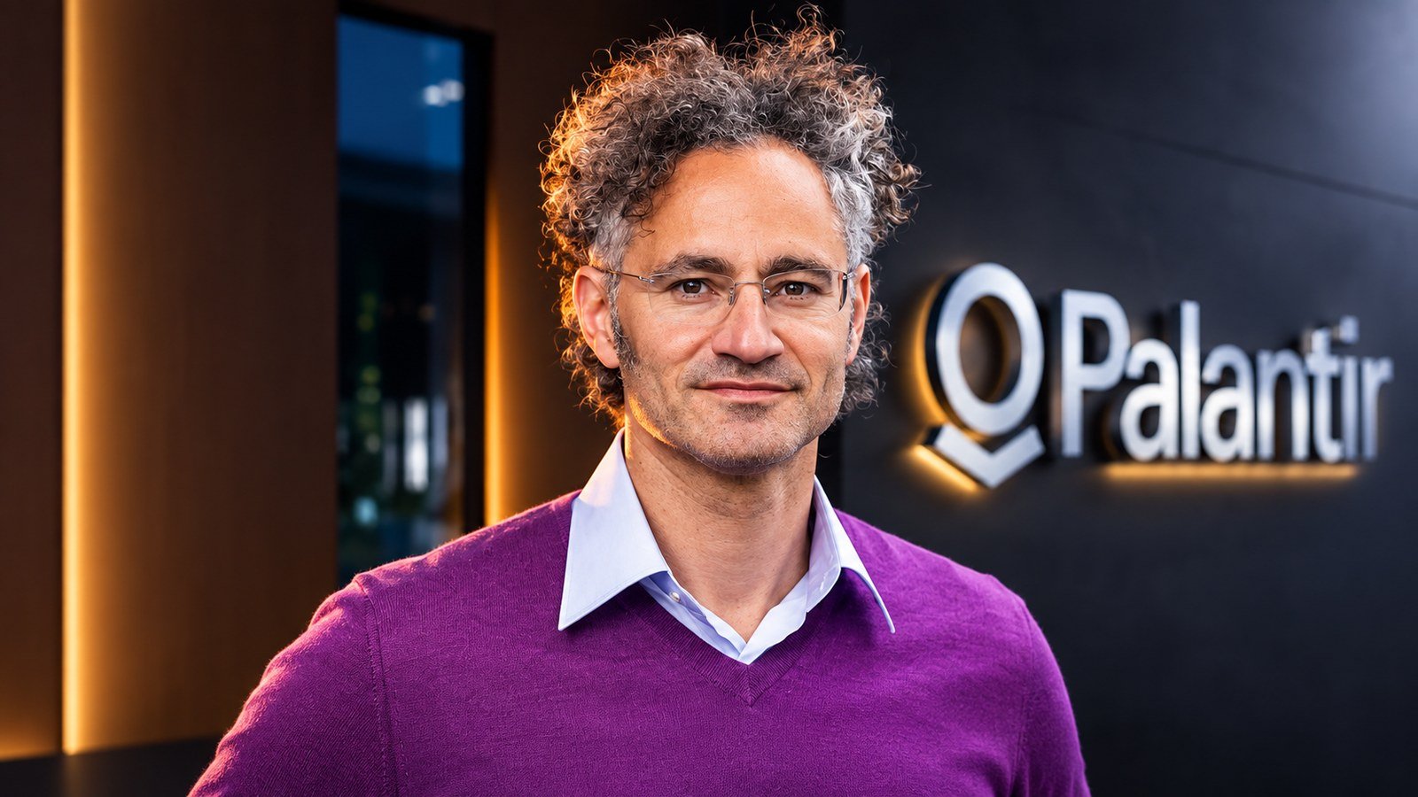 Alex Karp, cofondateur et directeur général de Palantir, devant le logo de l'entreprise