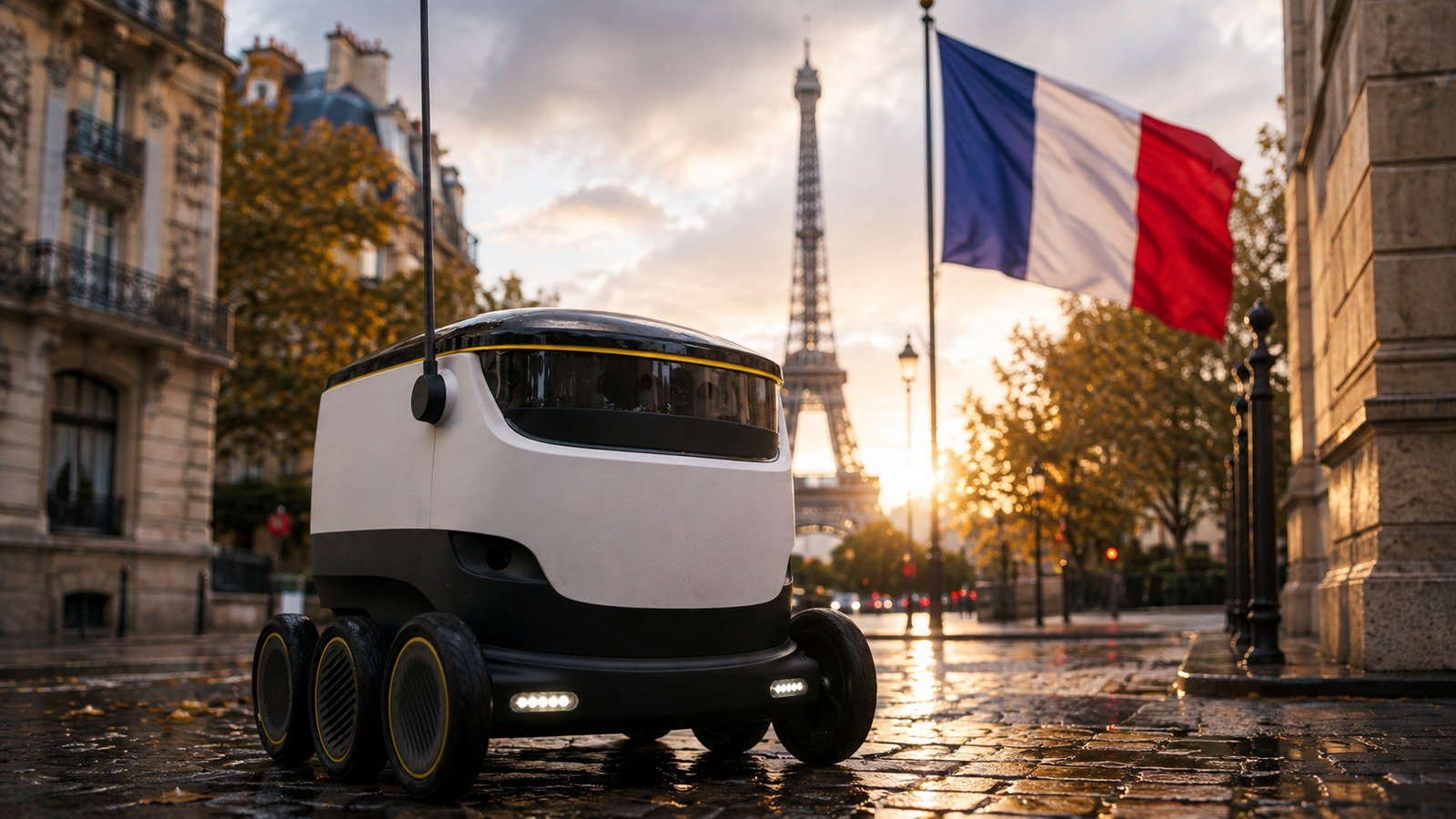 Robot de livraison autonome circulant sur une chaussée en ville